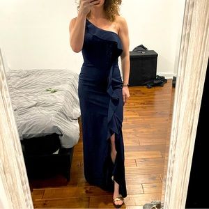 Xscape one shoulder navy blue floor length dress